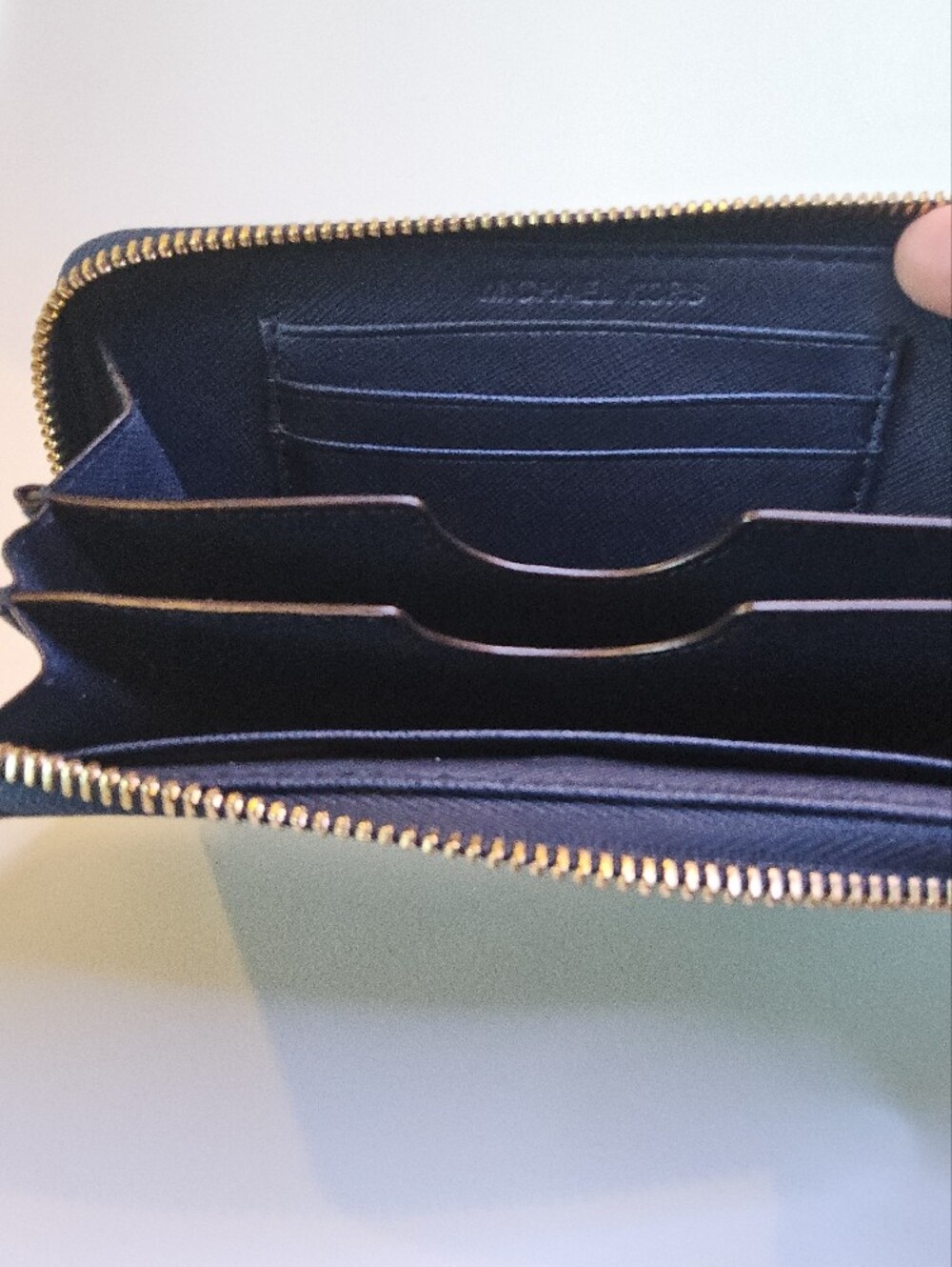 Michael Kors Green Geometric Zip-Around Wallet with Gold MK Medallion - Picture 7 of 8